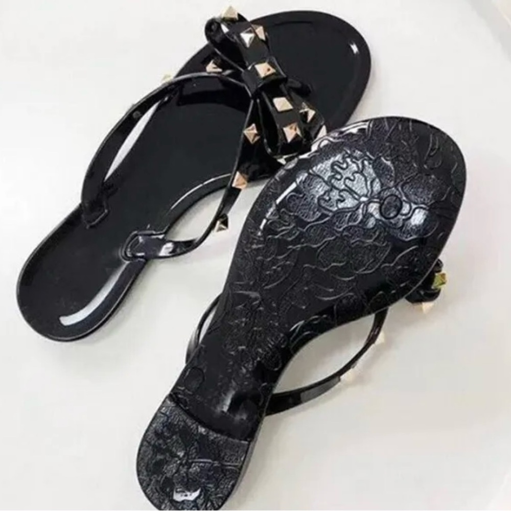 Black Gold Studded Bow Jelly Sandals size 8